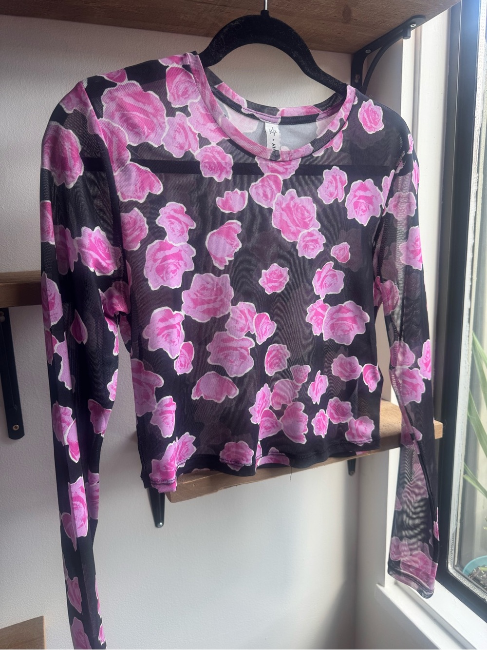 Only Black Sheer Long-Sleeve Crop Top with Pink Floral Print
